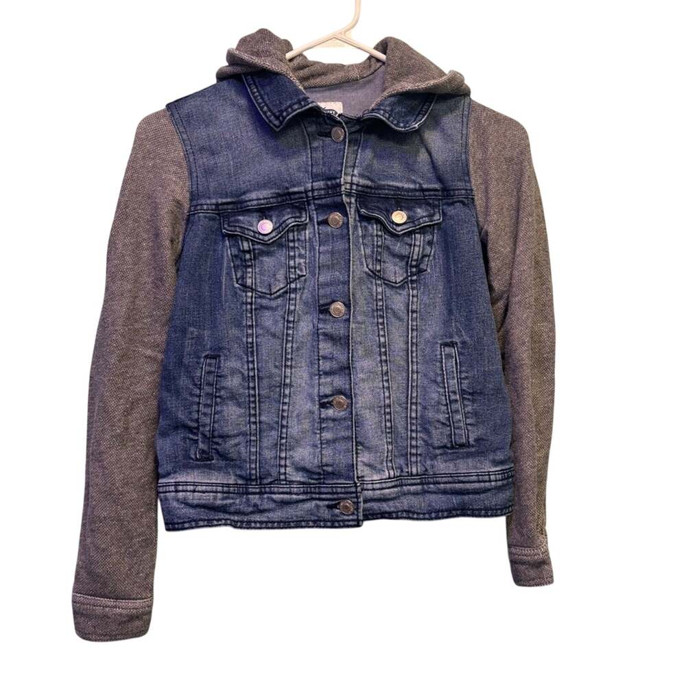 Old Navy Juniors Blue Denim Hooded Jacket with Gray Sleeves Size Small